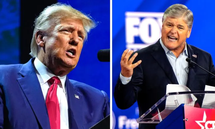 (left) Former President Donald Trump speaks at the National Rifle Association Convention in Indianapolis on April 14, 2023. (Michael Conroy, File/AP Photo); (right) Fox News host Sean Hannity speaks at the Hilton Anatole in Dallas, Texas, on Aug. 4, 2022. (Brandon Bell/Getty Images)