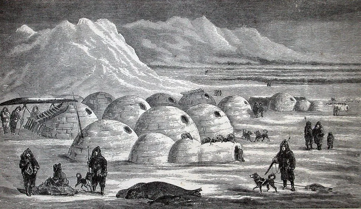 "Inuit village near Frobisher Bay," from “Life with the Esquimaux: A Narrative of Arctic Experience,” 1865. The illustration was drawn by unknown artist based on sketches by C.F. Hall. (Public Domain)