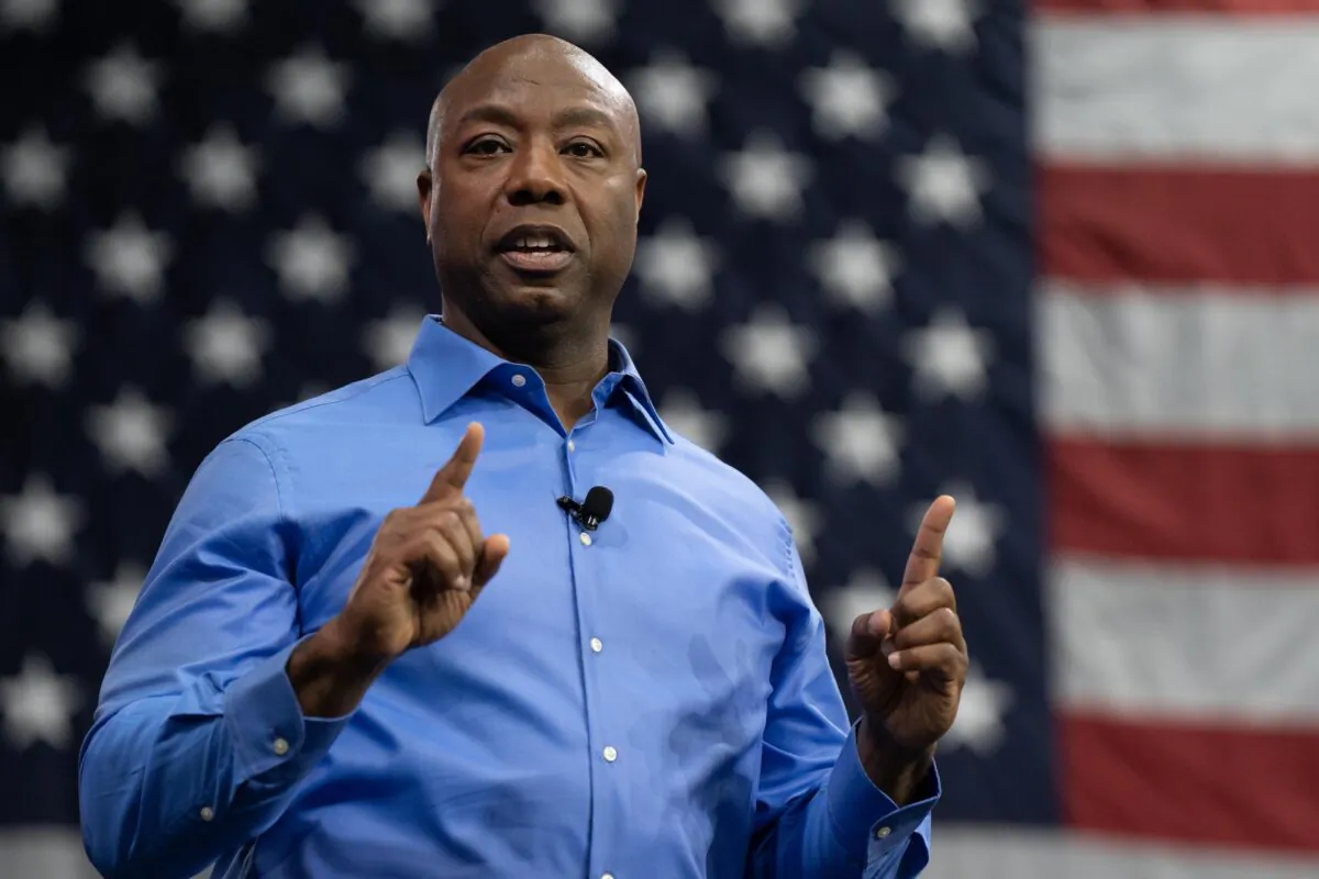 Sen. Tim Scott (R-S.C.) announces his run for the 2024 Republican presidential nomination at a campaign event in North Charleston, S.C., on May 22, 2023. (Allison Joyce/Getty Images)