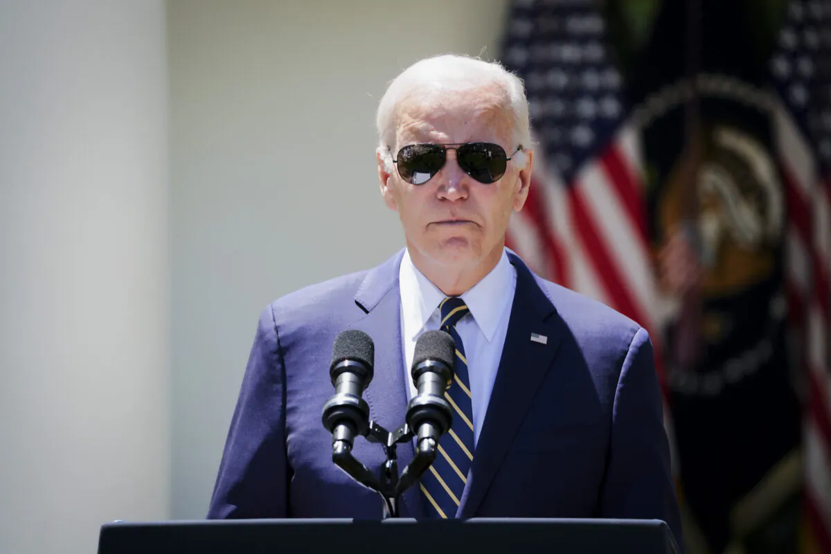 President Joe Biden speaks during a Rose Garden event announcing the nomination of Air Force Chief of Staff Gen. Charles Q. Brown as the next Joint Chiefs of Staff chairman at the White House in Washington on May 25, 2023. (Madalina Vasiliu/The Epoch Times)