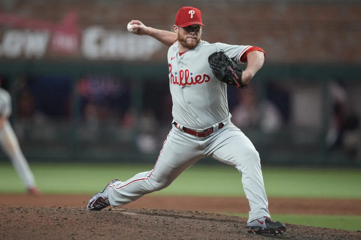 Philadelphia Phillies relief pitcher Craig Kimbrel delivers in the ninth inning of a baseball game against the Atlanta Braves in Atlanta on May 26, 2023. (Brynn Anderson/AP Photo)