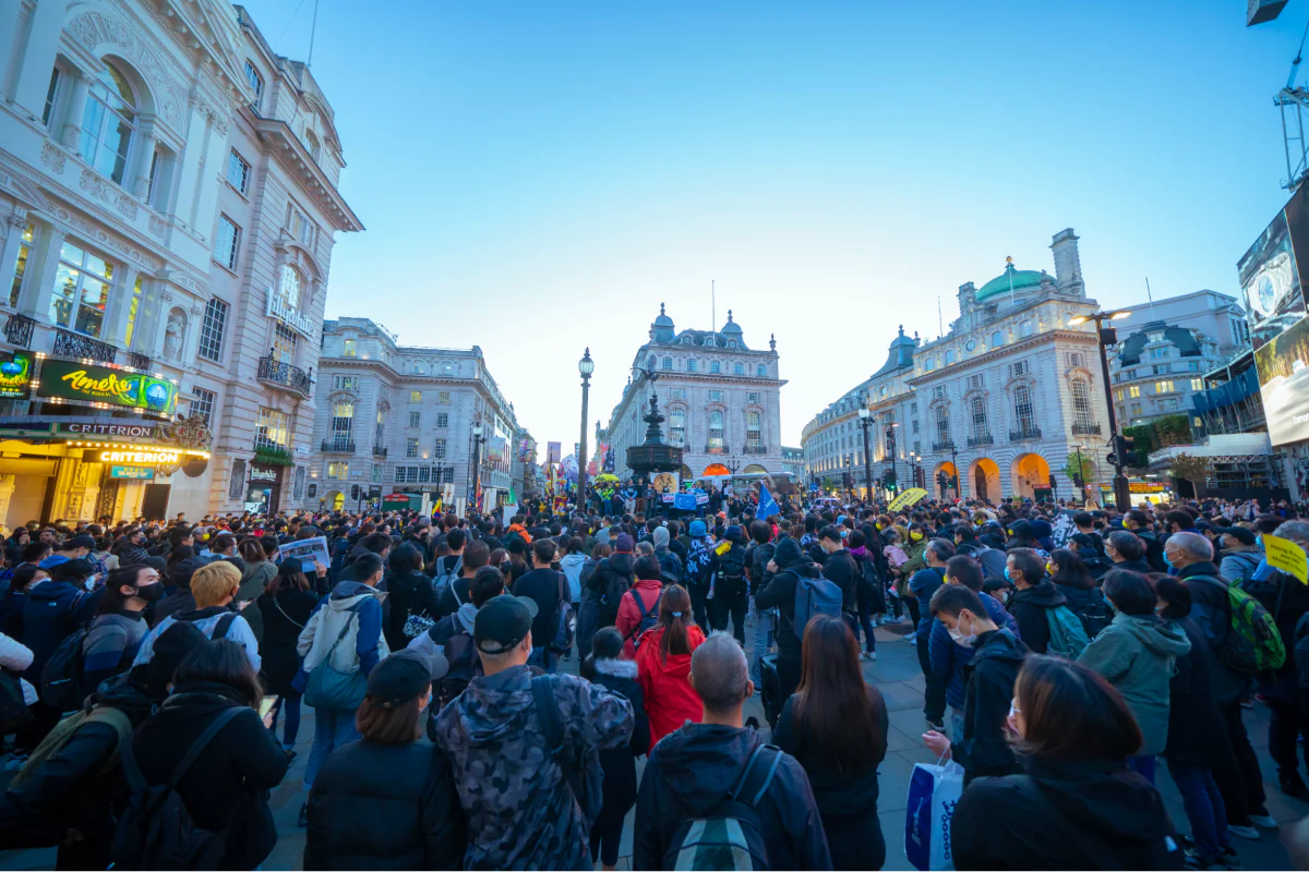 Hongkongers in England attended the Resist The Chinese Communist Party Day Joint Rally to protest against the Chinese Communist Party's implementation of the National Security Law in Hong Kong, in London, on Oct. 1, 2021. (Jenna/The Epoch Times)