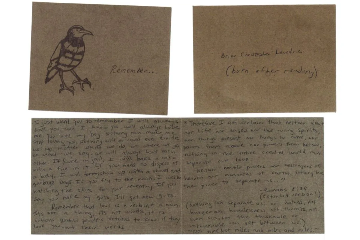 An undated letter written by the mother of Brian Laundrie to her son in this photo provided on May 26, 2023. (Patrick Reilly via AP)