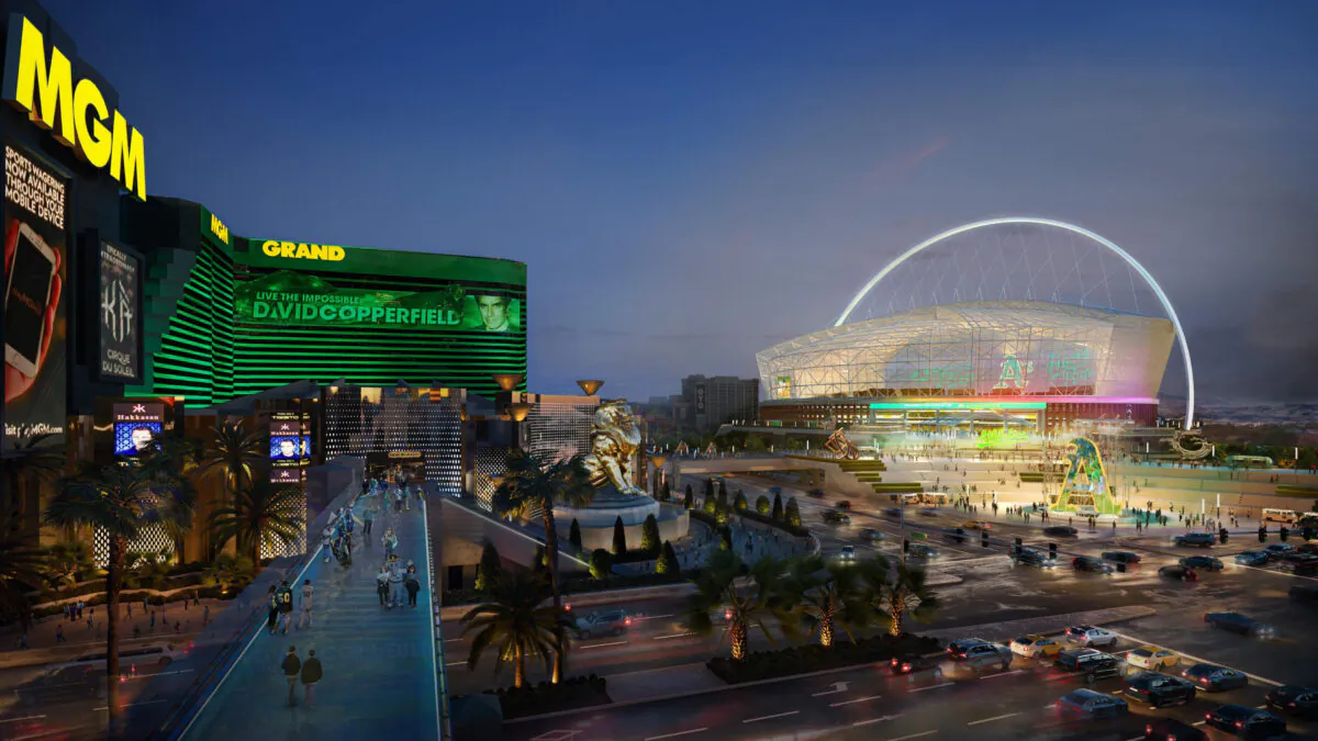 In this rendering released by the Oakland Athletics on Friday, is a view of their proposed new ballpark at the Tropicana site in Las Vegas on May 26, 2023. (Oakland Athletics via AP)