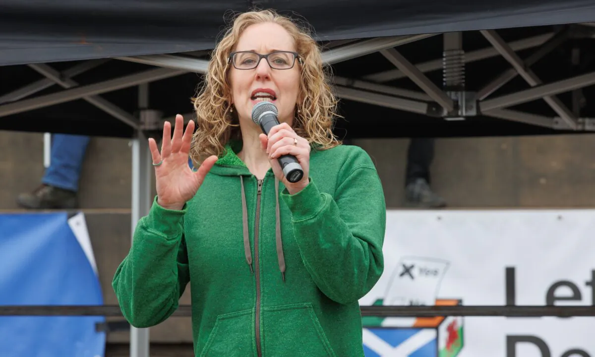 Lorna Slater speaks during a rally on Calton Hill, Edinburgh, on May 6, 2023. (Steve Welsh/PA)
