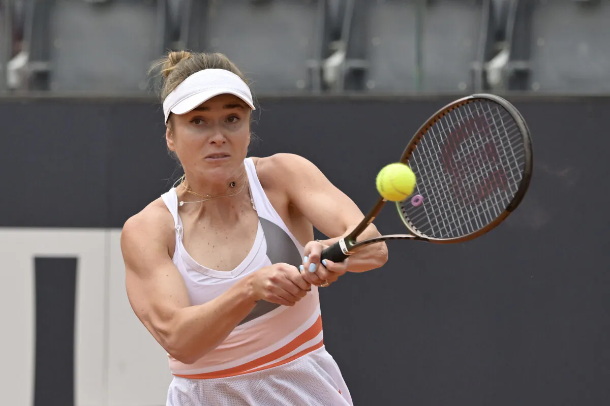 Ukraine's Elina Svitolina in action during her match against Ukraine's Lesia Tsurenko at the Italian Open tennis tournament, in Rome, Italy, on May 10, 2023. (Fabrizio Corradetti/LaPresse via AP)