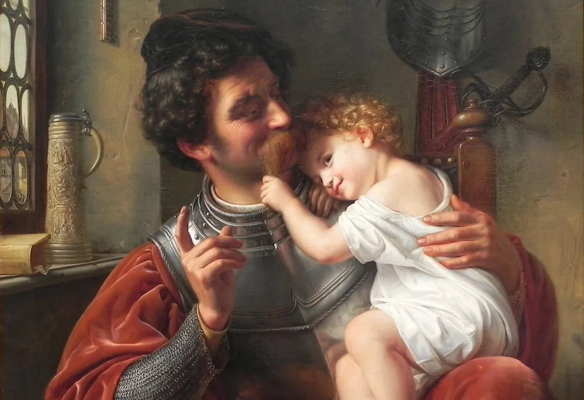 Literature provides us models of paternal heroism with examples of fathers who sacrifice themselves for the good of their families. Detail of "The Warrior and His Child," 1832, by Theodor Hildebrandt. Oil on canvas. Old National Gallery, Berlin. (Public Domain)