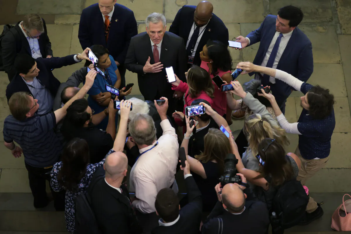 House Speaker Kevin McCarthy (R-Calif.) speaks to members of the press as he arrives at the U.S. Capitol in Washington, on May 25, 2023. (Alex Wong/Getty Images)
