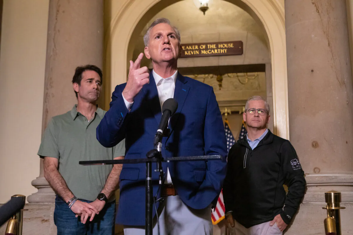 Speaker of the House Kevin McCarthy (R-Calif.) speaks to the press after an "agreement principle" was reached between House Republicans and President Joe Biden's team to avoid a default on the U.S. debt at the U.S. Capitol in Washington on May 28, 2023. (Anna Rose Layden/Getty Images)