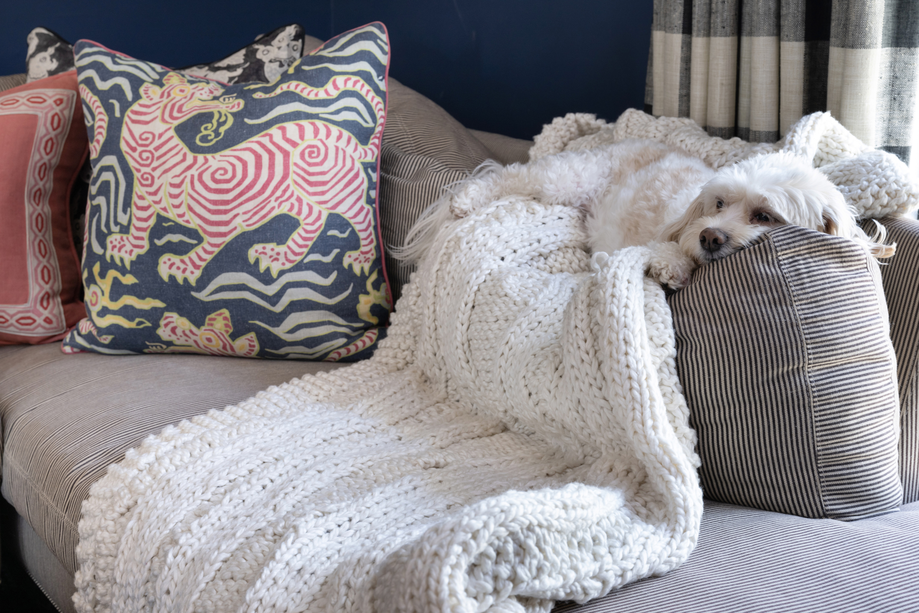 The back cushions of this down-stuffed ticking stripe sectional sofa is a favorite napping spot of Anne’s pup, Oliver.