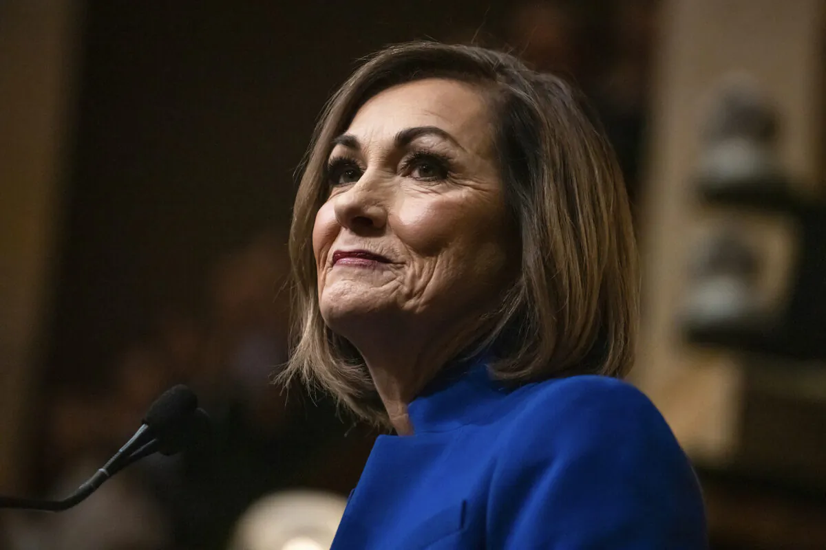 Iowa Gov. Kim Reynolds gives the Condition of the State address to members of the Iowa Legislature inside the House Chamber at the Iowa state Capitol in Des Moines, Iowa, on Jan. 10, 2023. (Kelsey Kremer/The Des Moines Register via AP, File)