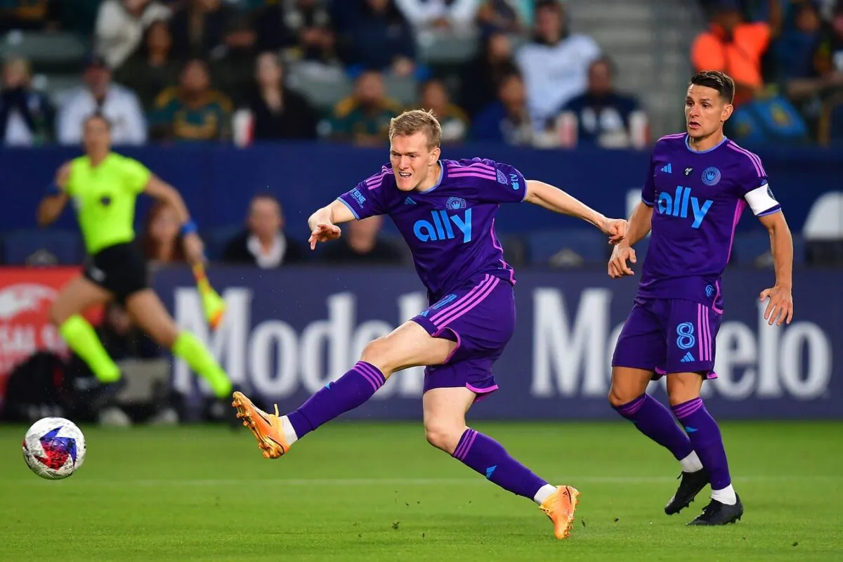 Charlotte FC forward Karol Swiderski (11) takes a shot on goal against the Los Angeles Galaxy during the first half at Dignity Health Sports Park in Carson, Calif., on May 27, 2023. (Gary A. Vasquez/USA TODAY Sports via Field Level Media)