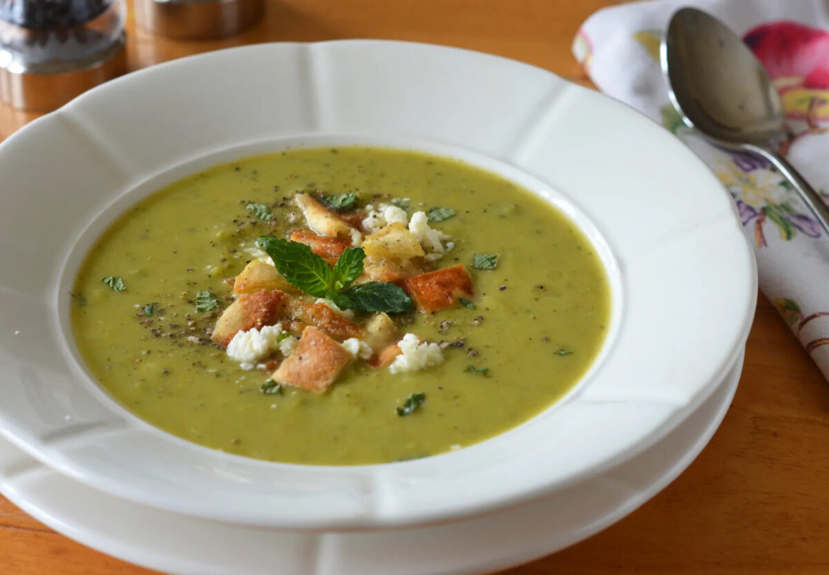 Green Pea & Asparagus Soup with Feta, Mint & Pita Croutons