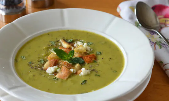 Green Pea & Asparagus Soup with Feta, Mint, & Pita Croutons