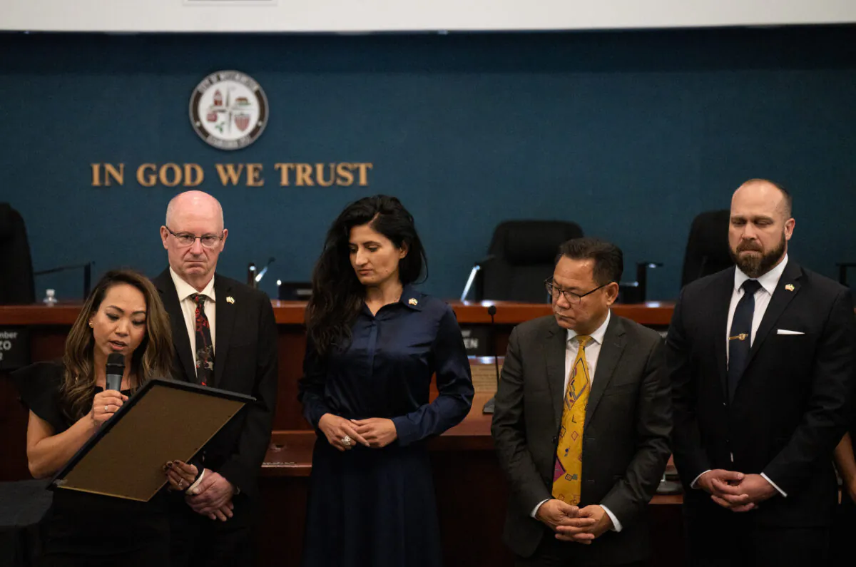 VETS4NRF members accept the proclamation for "Massoud Day" from Westminster city councilors in Westminster, Calif., on May 24, 2023. (John Fredricks/The Epoch Times)