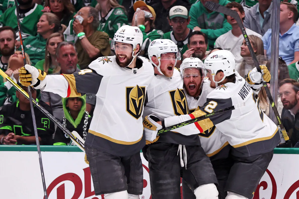 Jonathan Marchessault (81) of the Vegas Golden Knights celebrates with teammates after scoring a goal during the second period against the Dallas Stars in Game Six of the Western Conference Final of the 2023 Stanley Cup Playoffs at American Airlines Center in Dallas, Texas, on May 29, 2023. (Steph Chambers/Getty Images)