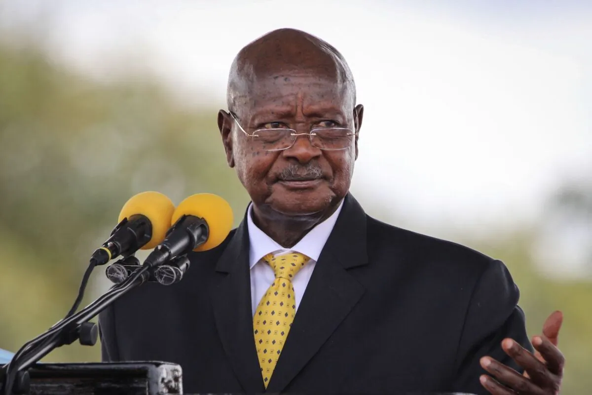 Ugandan President Yoweri Museveni speaks during the inauguration ceremony for his sixth term at Kololo Ceremonial Grounds in Kampala, Uganda, on May 12, 2021. (Badru Katumba/ AFP via Getty Images)