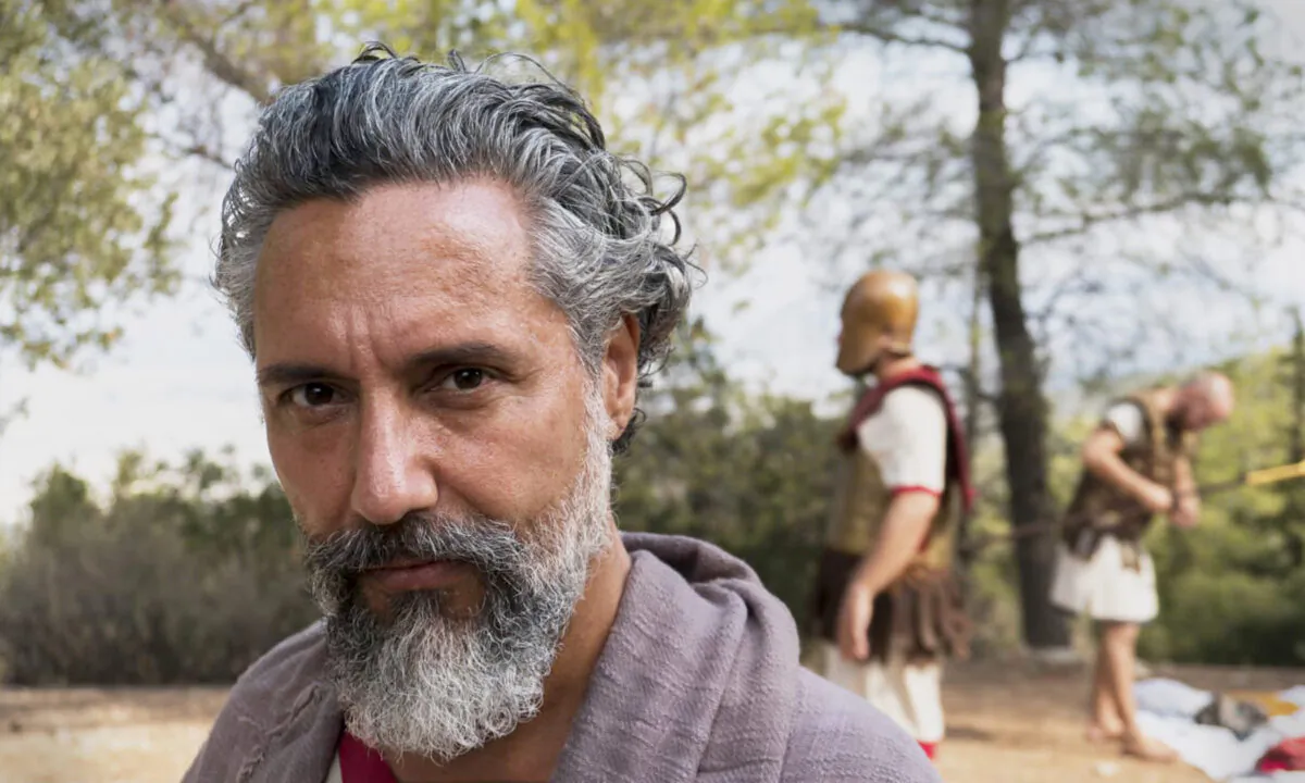 A still from the Epoch TV documentary "Socrates Secrets" in which Gabriel Georgiou played the role of one of the main disciples of Socrates. (Courtesy of Stavros Koutsogiannakis)