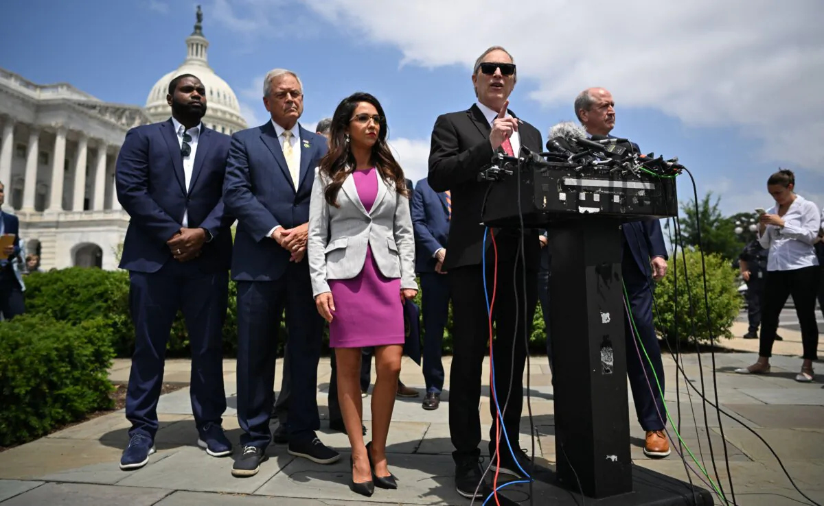 Rep. Andy Biggs (R-Ariz.), who has filed hundreds of amendments to various budget bills, joined by members of the House Freedom Caucus, speaks on the debt limit deal outside the U.S. Capitol in Washington on May 30, 2023. (Mandel Ngan/AFP via Getty Images)
