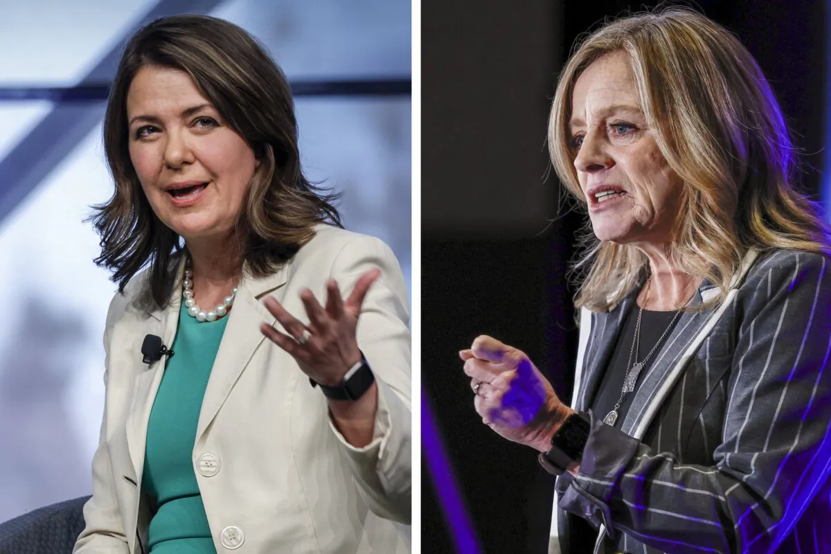 UCP Leader Premier Danielle Smith (L) speaks at an economic forum in Calgary, Alta., on April 18, 2023, and NDP Opposition Leader Rachel Notley addresses the Calgary Chamber of Commerce on Dec. 15, 2022, in this compilation photo. (The Canadian Press/Jeff McIntosh)