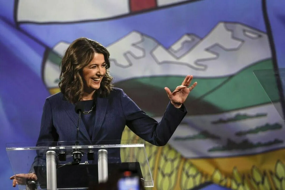 UCP Leader Danielle Smith makes her victory speech in Calgary on May 29, 2023. (The Canadian Press/Jeff McIntosh)