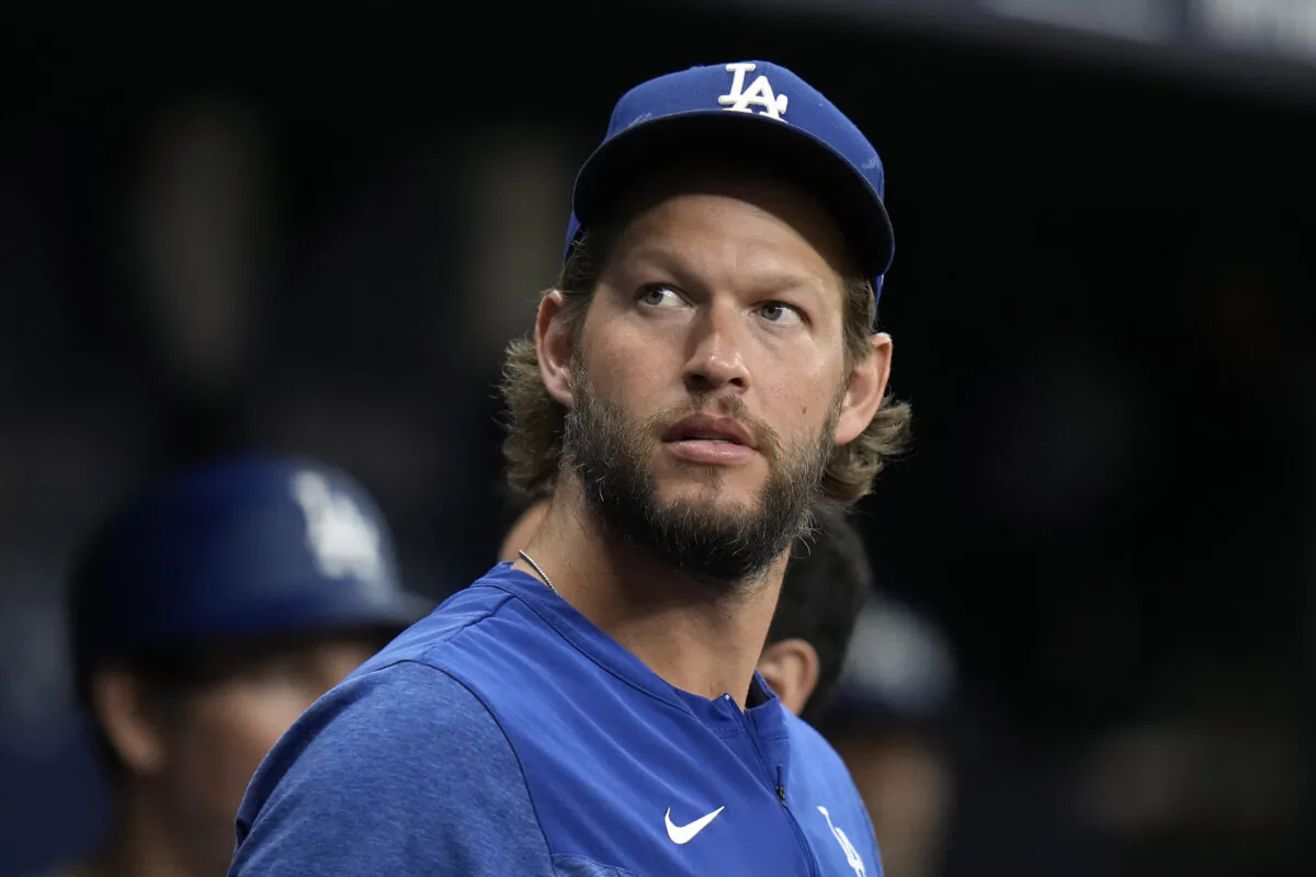 Los Angeles Dodgers starting pitcher Clayton Kershaw looks out of the dugout during the first inning of a baseball game against the Tampa Bay Rays Friday, in St. Petersburg, Fla., May 26, 2023. (Chris O'Meara/AP Photo)