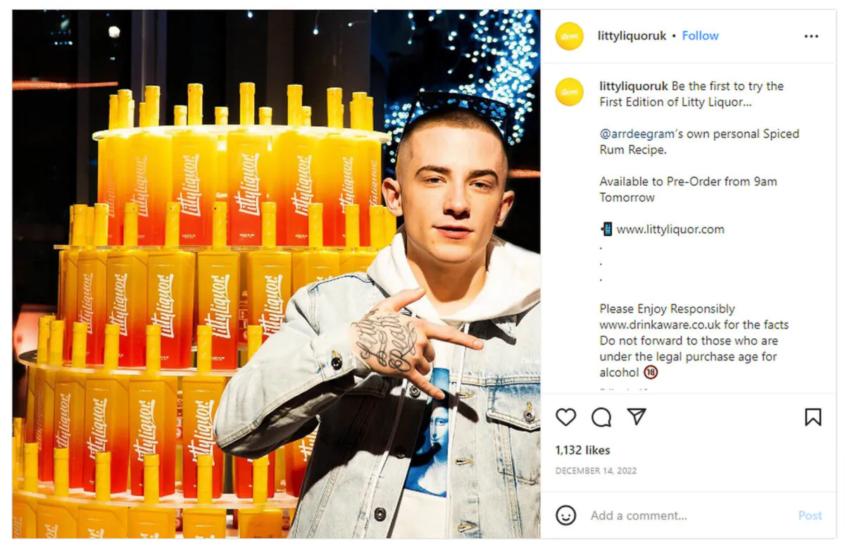 Undated handout screen grab issued by Advertising Standards Authority (ASA) of an ad for alcohol brand Litty Liquor which has been banned for featuring the under-25-year-old rapper ArrDee, dated May 30, 2023. (ASA/PA)