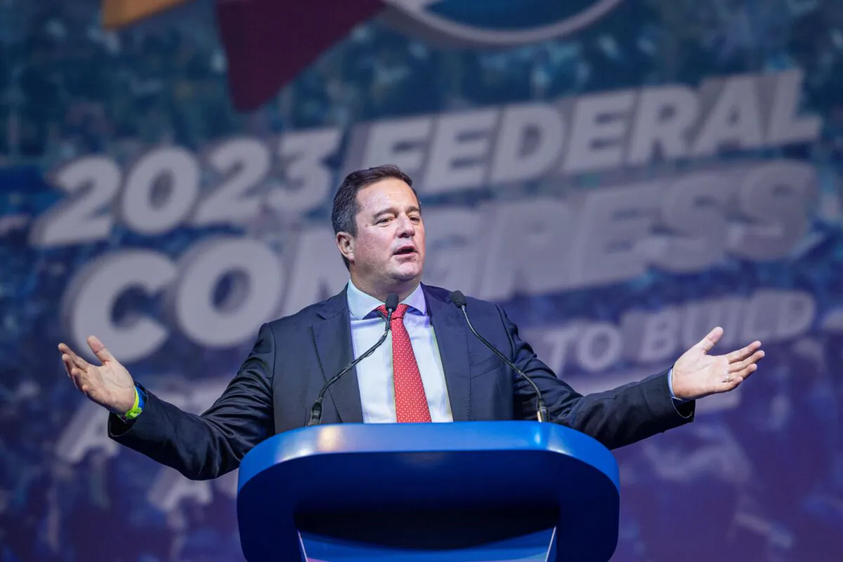 South African main opposition party Democratic Alliance contender for the position of federal leader John Steenhuisen addresses the delegates at the party's Federal Congress in Johannesburg on April 2, 2023. (Michele Spatari/AFP via Getty Images)