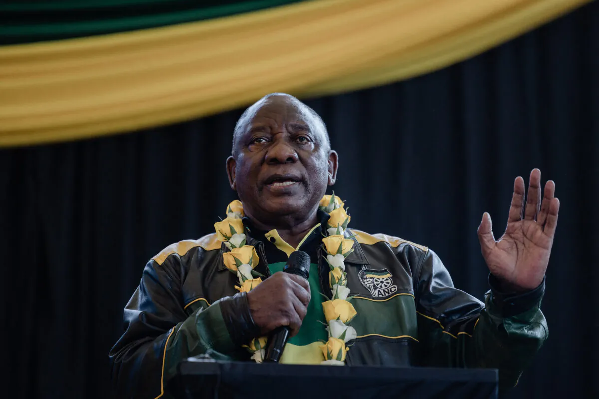 South African President Cyril Ramaphosa addresses new members of the African National Congress (ANC) during an election campaign ahead of the 2024 general elections, at the Nelson Mandela Community Youth Centre in Chatsworth township, north of Durban, on May 14, 2023. (Rajesh Jantilal/ AFP via Getty Images)