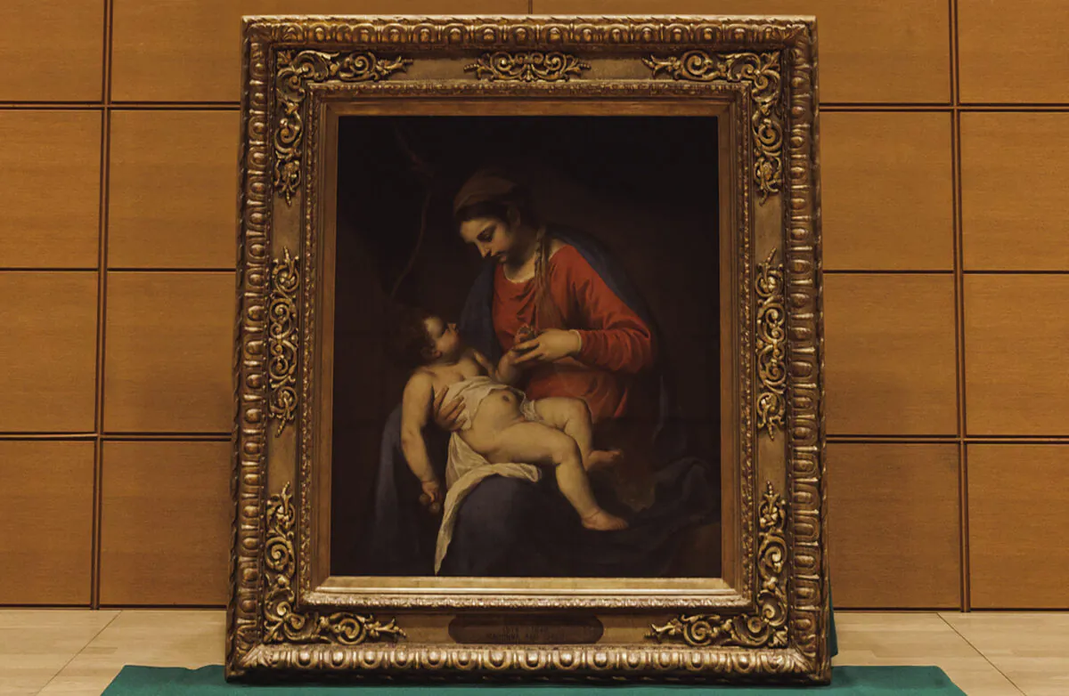 The 16th century baroque painting "Madonna with Child" attributed to Alessandro Turchi, which was looted from a private Polish collection by Nazi Germany during World War II, and has been found in Japan and returned to Polish ownership, in a handout picture provided on May 31, 2023. (Polish Institute in Tokyo/Przemyslaw Sliwinski via AP)
