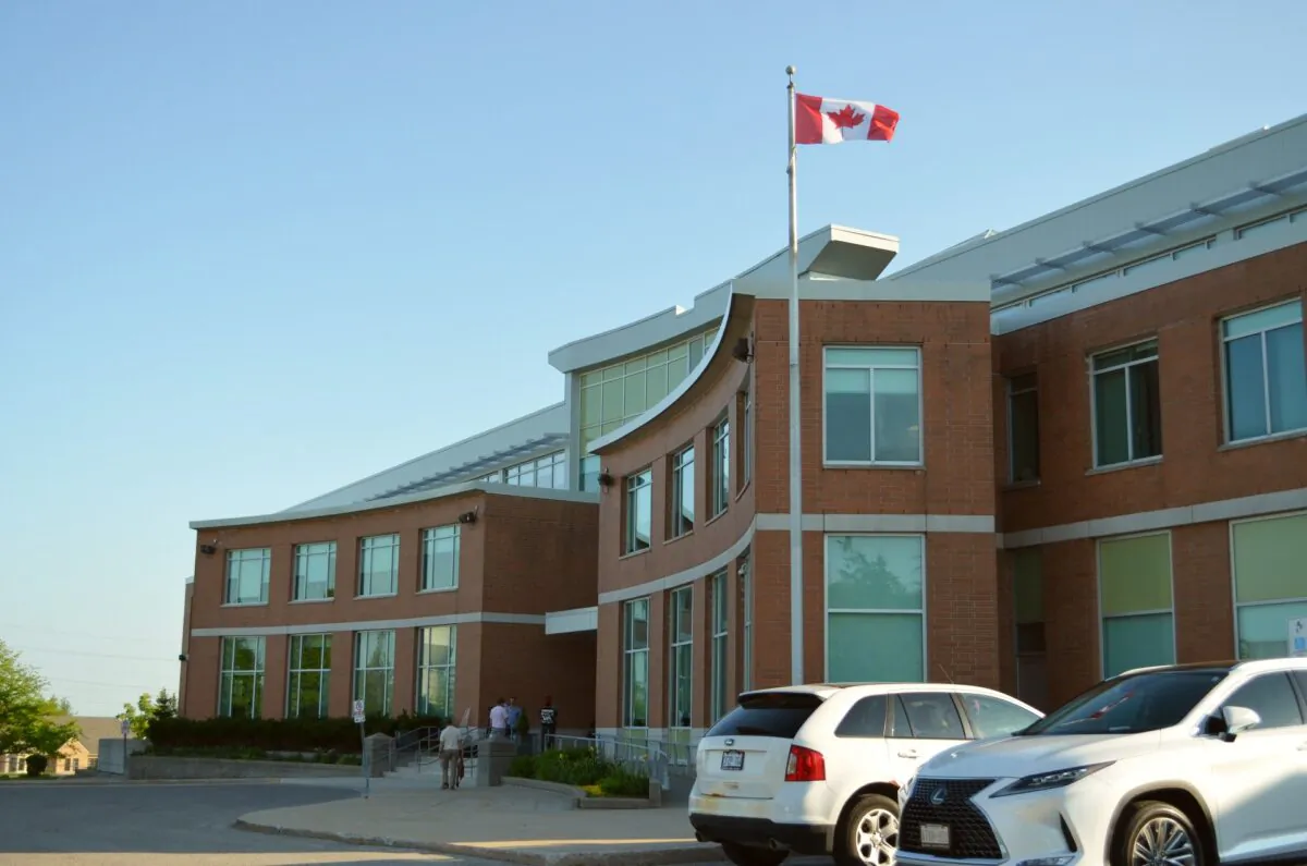 A view outside York Catholic District School Board headquarters with Cardinal Carter Catholic High School in the background in Aurora, Ont., on May 29, 2023, when the board voted not to fly the pride flag. (Tara MacIsaac/The Epoch Times)