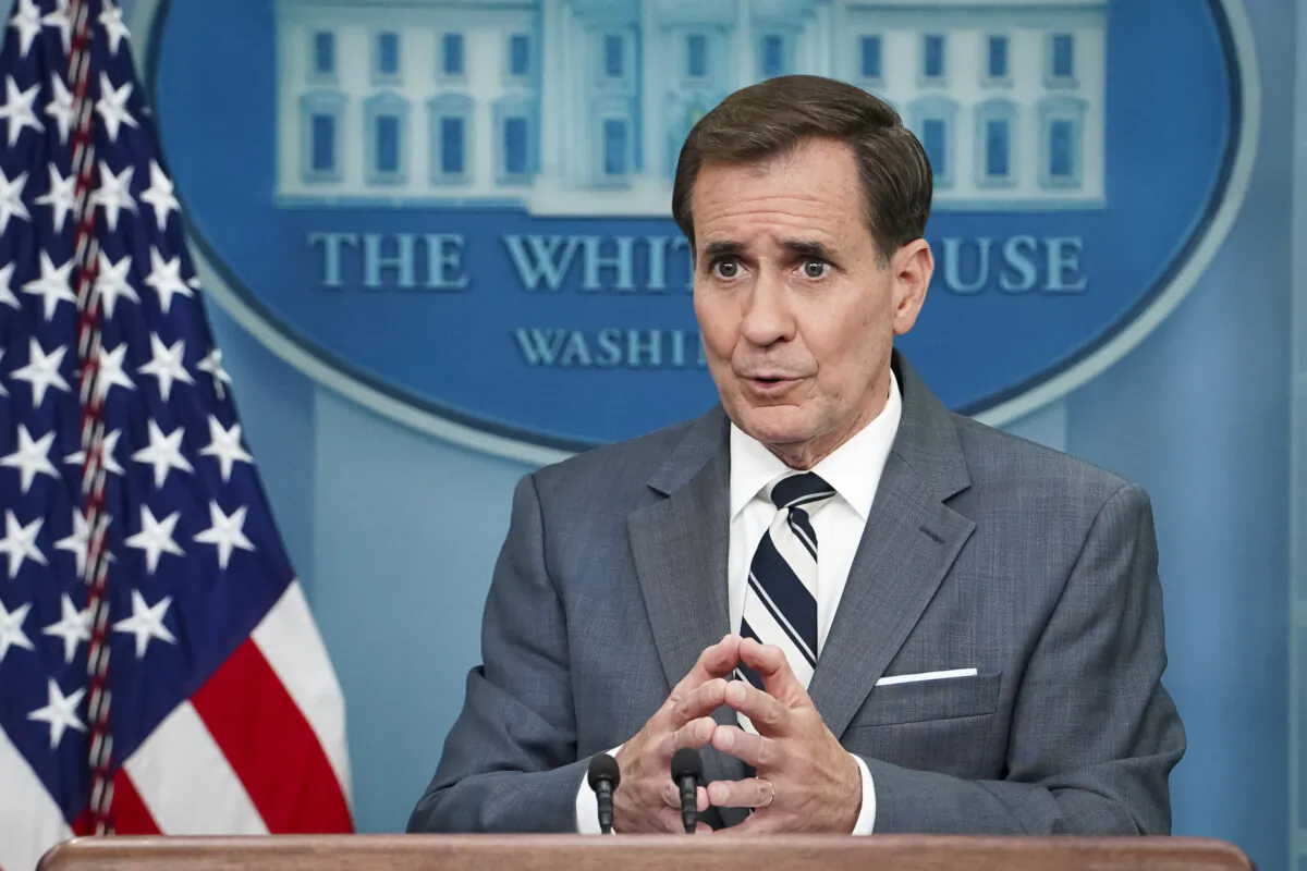 National Security Council Coordinator for Strategic Communications John Kirby speaks during the press briefing at the White House in Washington on May 31, 2023. (Madalina Vasiliu/The Epoch Times)