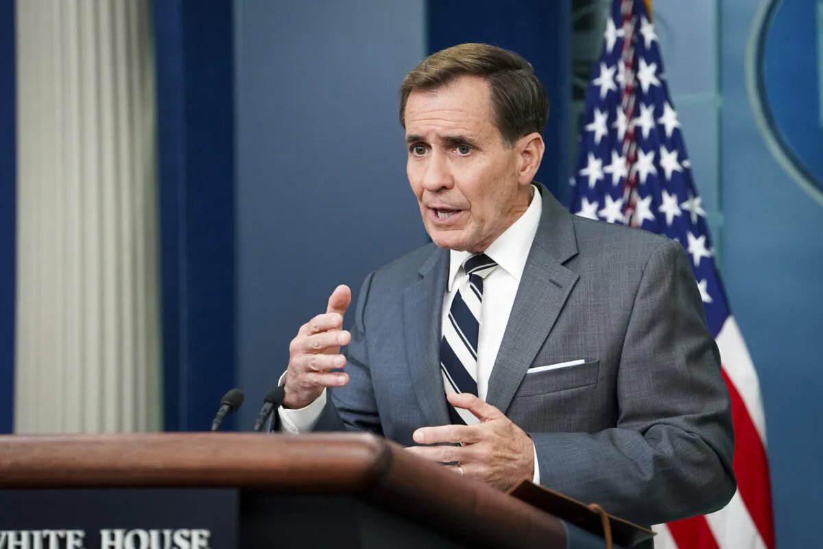 National Security Council Coordinator for Strategic Communications John Kirby speaks during the press briefing at the White House in Washington on May 31, 2023. (Madalina Vasiliu/The Epoch Times)