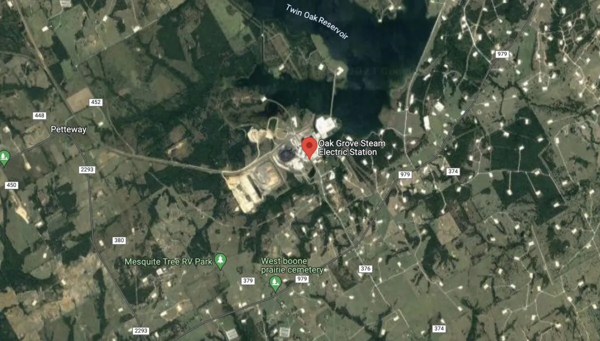 A map shows the location of Oak Grove Power Plant in Texas. (Google Maps)