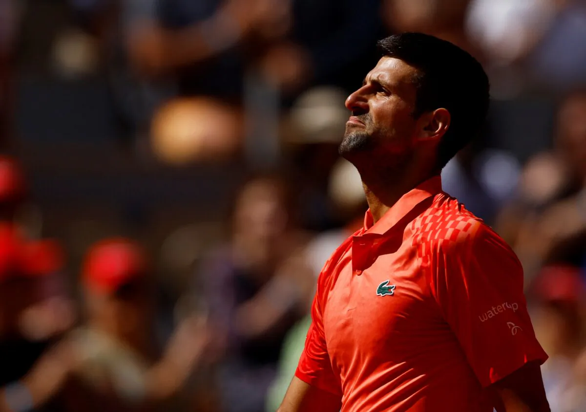 Serbia's Novak Djokovic celebrates winning his first round match against Aleksandar Kovacevic during the French Open in Roland Garros, Paris on May 29, 2023. (Clodagh Kilcoyne/Reuters)