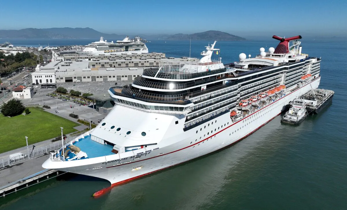 The Carnival Miracle cruise ship operated by Carnival Cruise Lines sits docked at Pier 27 in San Francisco, on Sept. 30, 2022. (Justin Sullivan/Getty Images)