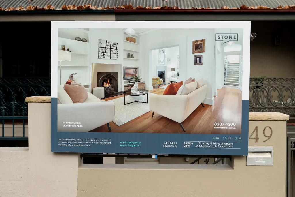 A signboard of a property for sale in Waverton in Sydney, Australia, on May 5, 2022. (Brendon Thorne/Getty Images)