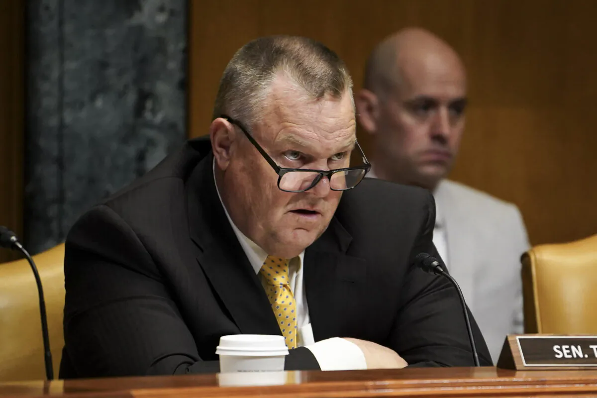 Sen. Jon Tester (D-Mont.) holds a hearing to review the President’s fiscal year 2024 budget request for the National Guard and Reserve in Washington on June 1, 2023. (Madalina Vasiliu/The Epoch Times)
