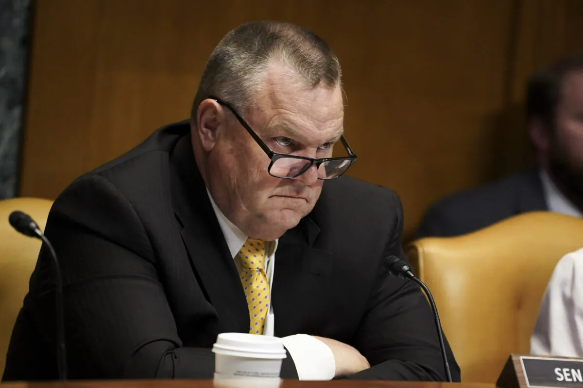Sen. Jon Tester holds a hearing to review the fiscal year 2024 budget request for the National Guard and Reserve, in Washington, on June 1, 2023. (Madalina Vasiliu/The Epoch Times)