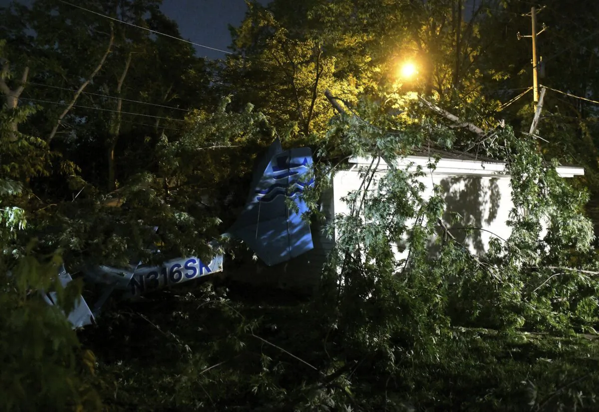 Trees and debris cover a small plane that crashed behind two garages in Detroit on May 31, 2023. (Robin Buckson/Detroit News via AP)
