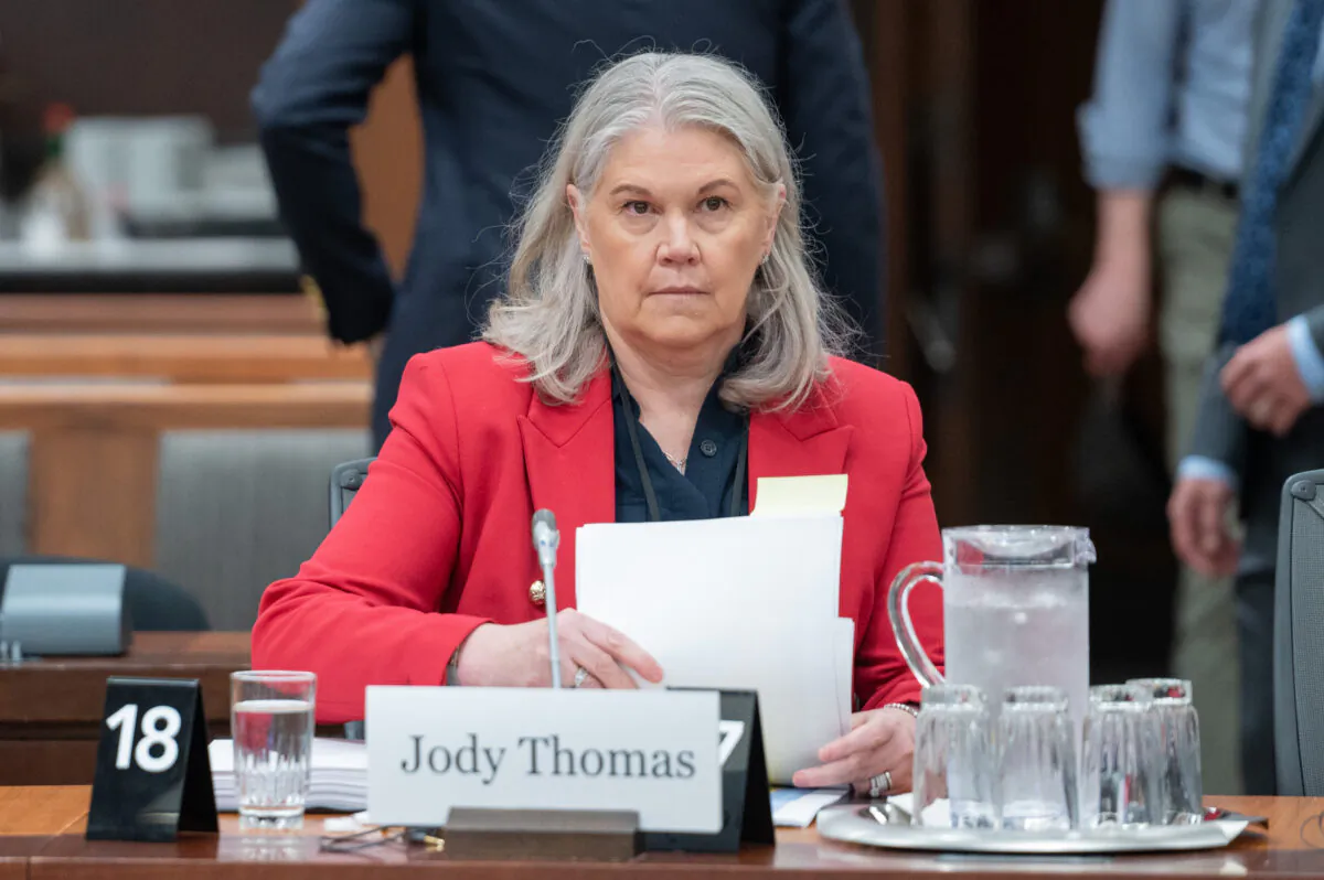 Jody Thomas, National Security and Intelligence Advisor waits to appear as a witness before the Standing Committee on Procedure and House Affairs (PROC) investigating intimidation campaigns against the Member for Wellington - Halton Hills and other Members on Parliament Hill in Ottawa, on June 1, 2023. (THE CANADIAN PRESS/Spencer Colby)