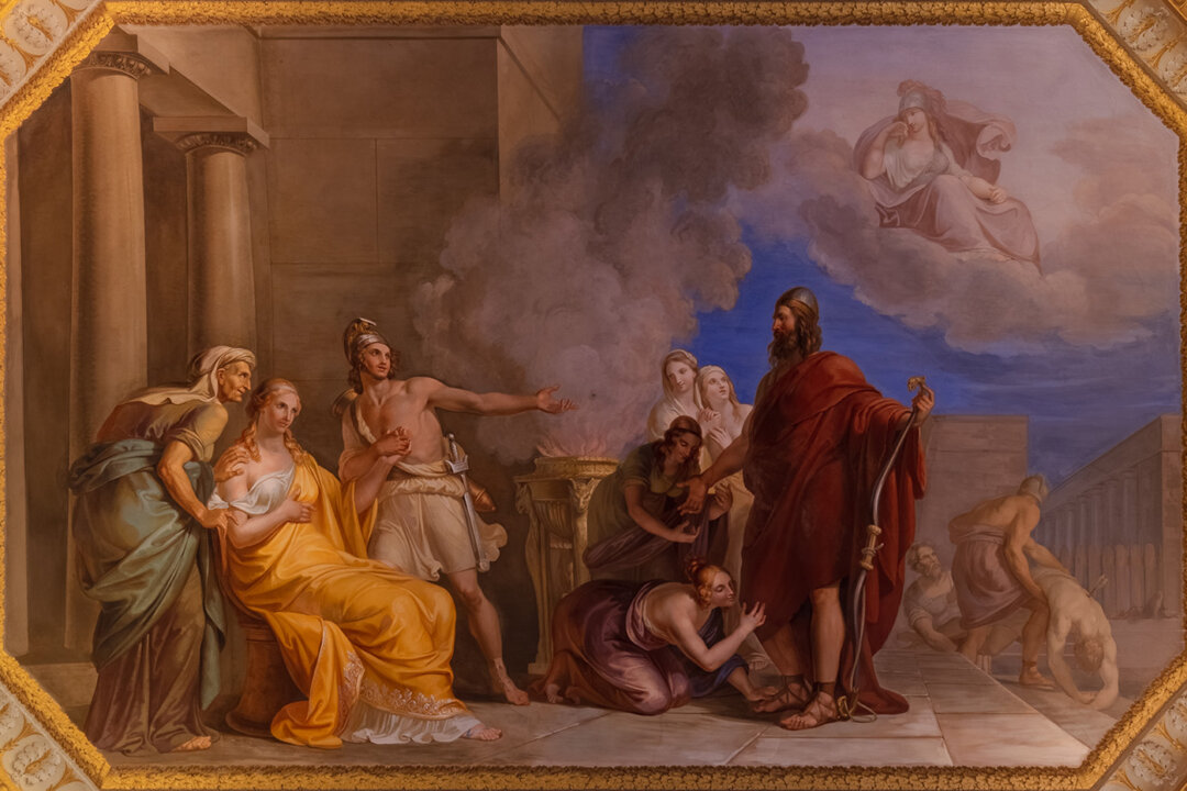  Ceiling fresco of "Ulysses's [Odysseus's] Return to Ithaca," circa 1814, by Gaspare Martellini for Ferdinand III. Pitti Palace, Florence, Italy. (Cropped photograph by Diego Delso/CC BY-SA 4.0)