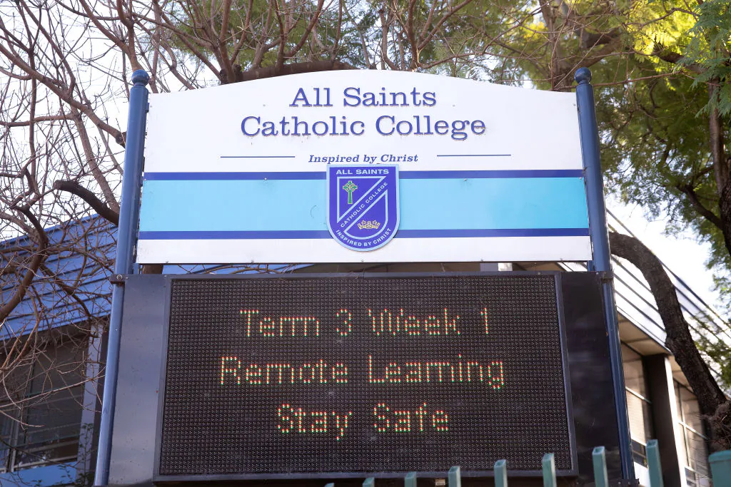 The display board outside All Saints Catholic College is seen in Sydney, Australia, on July 12, 2021. (Mark Kolbe/Getty Images)