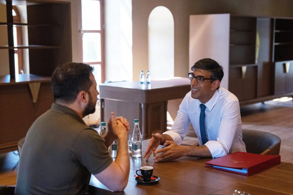 UK Prime Minister Rishi Sunak speaks with Ukrainian President Volodymyr Zelenskyy during a bilateral meeting at the European Political Community Summit at Mimi Castle, Moldova, on June 1, 2023. (Carl Court/PA Media)