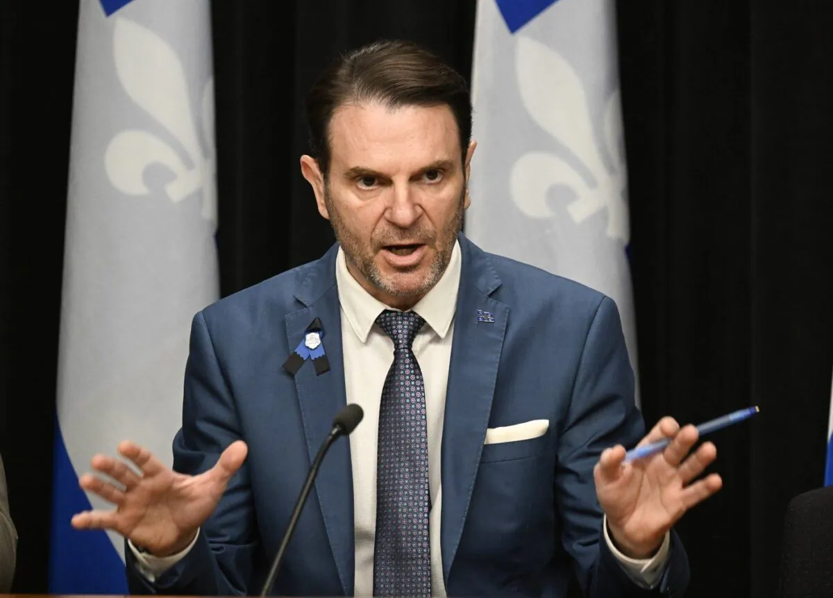 Quebec Public Security Minister Francois Bonnardel speaks during a news conference, at the legislature in Quebec City, on April 6, 2023. (The Canadian Press/Jacques Boissinot)