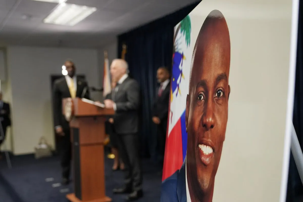 An image of Haitian President Jovenel Moïse is displayed at a news conference in Miami on Feb. 14, 2023. (Lynne Sladky/AP Photo)