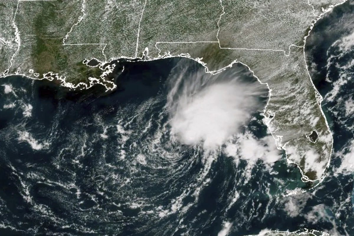 A satellite image, taken on June 2, 2023 at 1:21 p.m. ET, shows Tropical Storm Arlene, the first named storm of the Atlantic hurricane season, in the Gulf of Mexico off the west coast of Florida. (NOAA via AP)