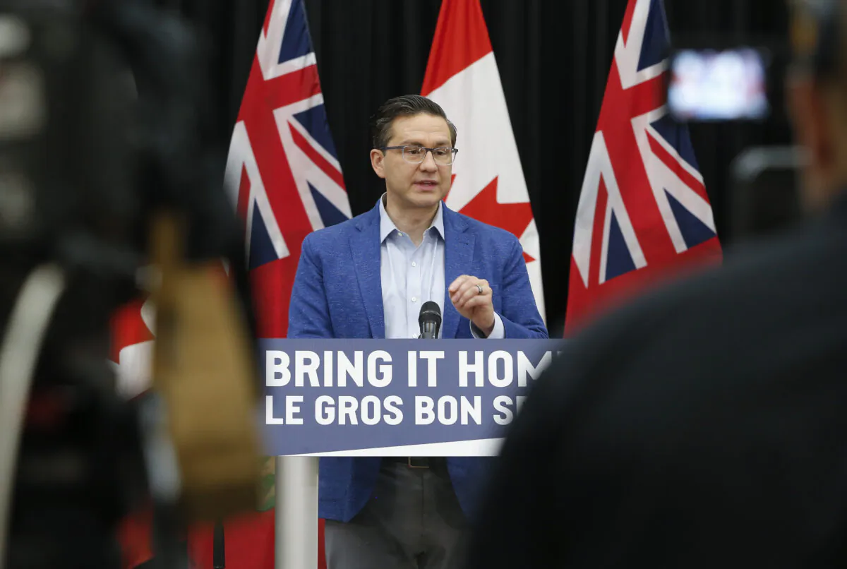 Conservative Party Leader Pierre Poilievre speaks to media in Winnipeg on June 2, 2023.  (The Canadian Press/John Woods)