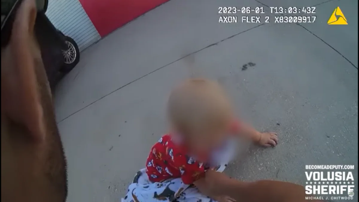 The 2-year old toddler found in the parking lot of a nearby auto body shop in Holly Hill, Fla., on June 1, 2023. (Volusia Sheriff's Office/Screenshot via The Epoch Times)