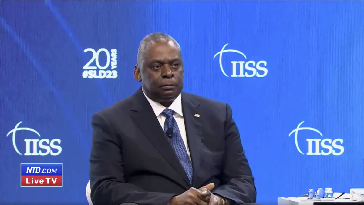 Secretary of Defense Lloyd Austin speaks at a plenary session at the Shangri-La Dialogue Asia security summit in Singapore on June 3, 2023, in a still from video. (International Institute for Strategic Studies via Reuters/Screenshot via NTD)